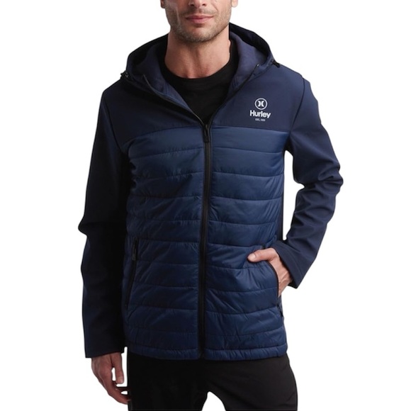 NEW Hurley Men's Insulated Zip-Up Hooded Windproof Navy Puffer Jacket, Size M - Picture 1 of 15